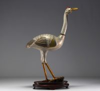 China - Large pair of cranes in cloisonné enamel on a wooden base, 19th century.