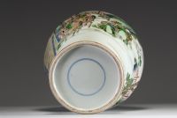 China - Covered vase in green family polychrome porcelain decorated with characters, circle mark under the piece.