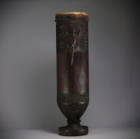 Africa DRC - Ceremonial Kuba drum in carved wood and skin.