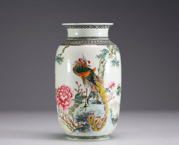 China - Polychrome porcelain vase with floral and bird decoration, Republic period.