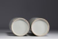 Chine - Paire de porte-chapeaux en porcelaine à décor d'oiseaux, de fleurs et poèmes.