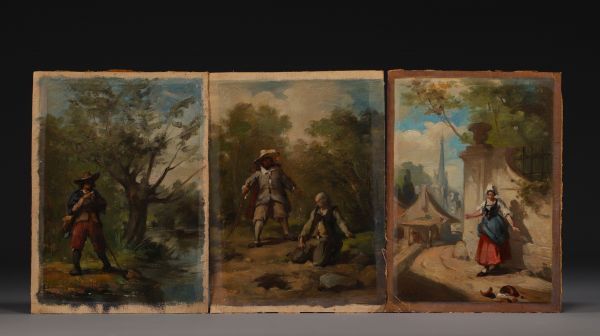 Ensemble de trois petites huiles sur toiles - École française, d'époque XIXème.