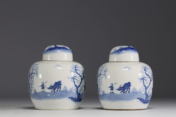 China - Pair of blue-white porcelain covered pots with landscape and figures decoration, mark under the piece.