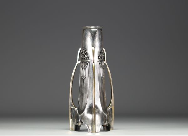 Art Nouveau silver-plated metal vase, OBE hallmark, one chip on the neck of the glassware.