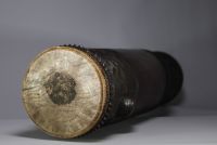 Africa DRC - Ceremonial Kuba drum in carved wood and skin.