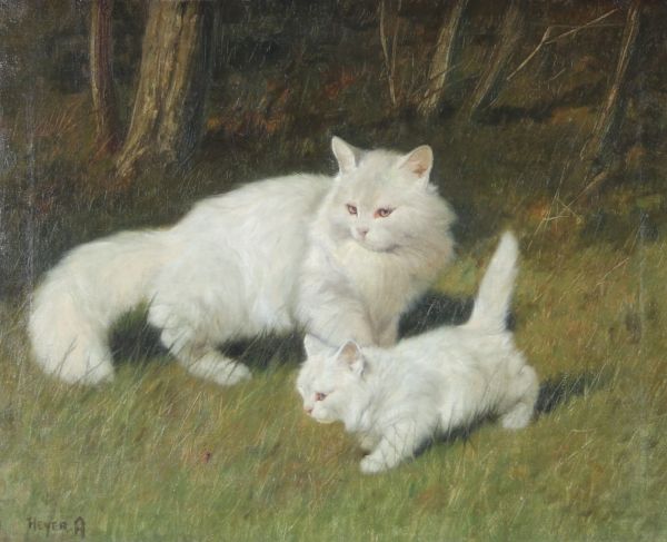 Arthur HEYER (1872-1931) – La chatte et son chaton, huile sur toile