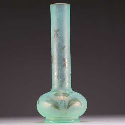 DAUM Nancy - High vase in frosted acid-etched green glass, decorated with flowers, signed under the base, circa 1900.