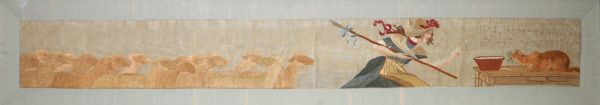 Hélène de Rudder (née Lemaire, active fin XIXe – début XXe siècle) Tapisserie brodée en fils de soie – Il était une bergère Vers 1900  Cette remarquable tapisserie brodée, longue et narrative, est un exemple rare du travail textile d’Hélène de Rudder, artiste belge dont la production témoigne d’une profonde sensibilité à la fois artistique et artisanale. Réalisée en fils de soie aux teintes douces