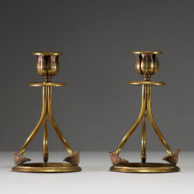 Pair of Art Nouveau brass and copper hand candle holders in the spirit of W.A.S. Benson, Art & Craft.