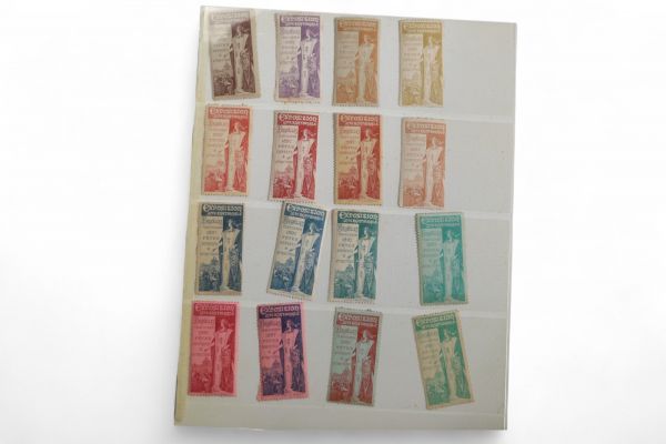 Privat-Livemont (1861-1936) – Série de 12 timbres publicitaires de l’affiche de l’Exposition de Bruxelles-Tervuren, 1897.