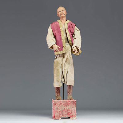 Large Neapolitan shepherd in terracotta, glass eyes, 19th century.