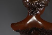 Emmanuel VILLANIS (1858-1914) ‘Tanagra’ Bronze bust with brown patina, signed, stamped Société des Bronzes de Paris.