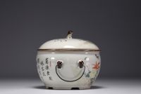 China - Rare Qianjiang Cai porcelain covered terrine decorated with birds, artist's signature.