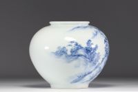 Japan - White-blue porcelain vase with landscape design, Meiji period.