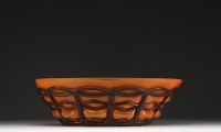 DAUM Nancy et Louis MAJORELLE (1859-1926) Orange blown and moulded glass bowl with gold leaf inclusions, hammered wrought iron mount, signed.