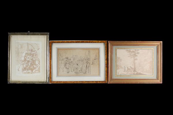 École italienne, ensemble de trois dessins à la plume et lavis, scènes à l'antique et paysage, d'époque XVIIIème.