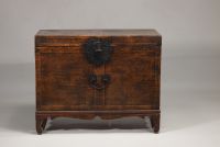 China - Wooden chest decorated with a tapestry, 19th century.