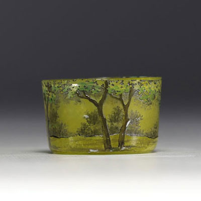 DAUM Nancy - Saleron in acid-etched and enamelled multi-layered glass with forest décor, signed.