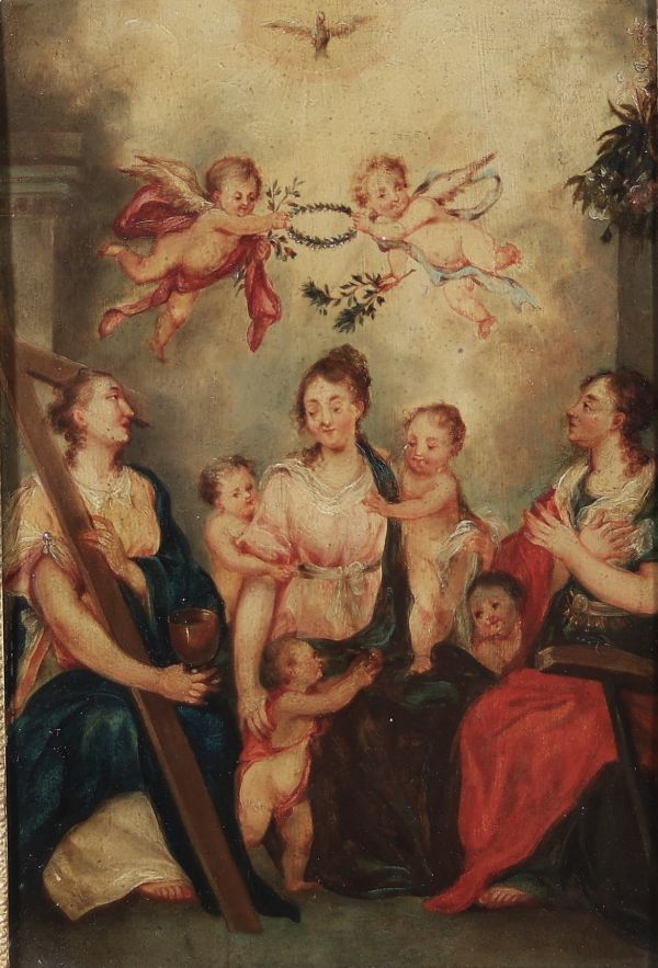 La Sainte Famille entourée de saints et anges Huile sur toile,  fin XVIIe – début XVIIIe siècle  dans un cadre en bois doré à décor de perles.