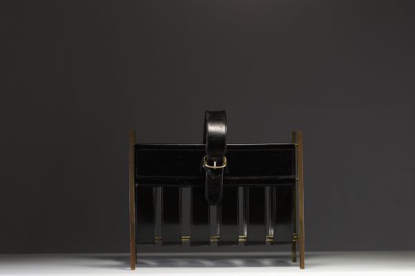 Jacques ADNET (1900-1984) Brass and leather magazine rack, circa 1940.