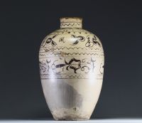 China - Cizhou glazed stoneware jar decorated with a floral frieze and calligraphy, Yuan-Ming.