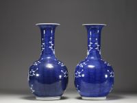 China - Pair of blue-white porcelain vases with prunus decoration, late 19th century.