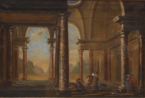 Attribué à un suiveur de Viviano Codazzi (1604–1670) Caprice architectural animé Huile sur toile.