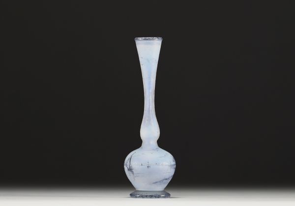 DAUM Nancy - Soliflore in acid-etched glass with enamelled landscape decoration, signed.