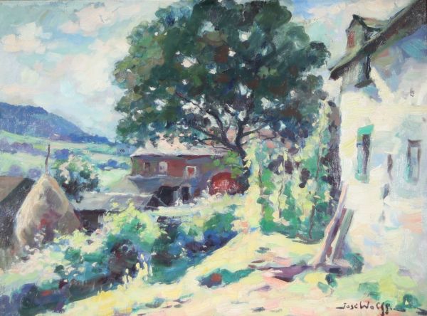 José Wolff (1902-1980) Grande huile sur toile – École liégeoise – Paysage de maisons  Huile sur toile signée en bas à droite par José Wolff (1902-1980), artiste belge reconnu de l’école liégeoise. Cette composition lumineuse représente un paysage rural animé de maisons traditionnelles, baignant sous un large arbre, avec une belle profondeur de champ et une palette vibrante.
