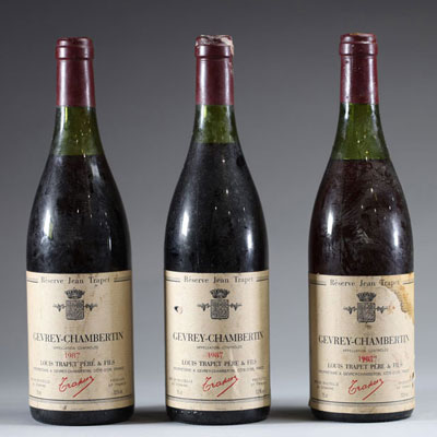 Lot de trois bouteilles de vin rouge Gevrey Chambertin 1987 de chez Louis Trappet, Bourgogne.