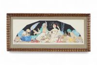 Emile Berchmans (1867–1947) Jeunes orientales – Aquarelle, période Art Déco  Scène élégamment stylisée représentant un groupe de jeunes femmes orientales en conversation, dans un décor intérieur