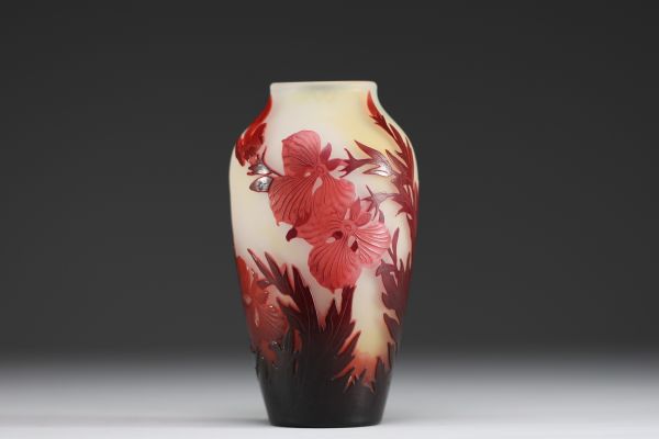 Émile GALLÉ (1846-1904) Acid-etched multi-layered glass vase with floral design, signed.