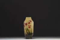 DAUM Nancy - Rhombus vase in acid-etched multilayer glass with enameled floral decoration, signed.