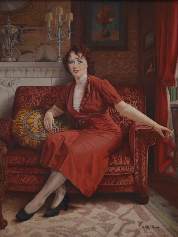 Hubert TASQUE (XX) ‘Dame en robe rouge’ Oil on canvas, signed.