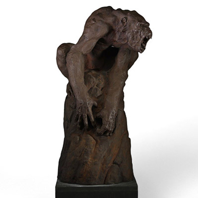 Chen M. – Sculpture en terre cuite “Le Singe hurlant”.