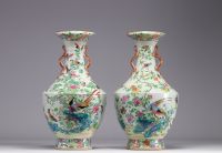 Rare large pair of Famille rose porcelain vases decorated with birds and flowers, 19th century.