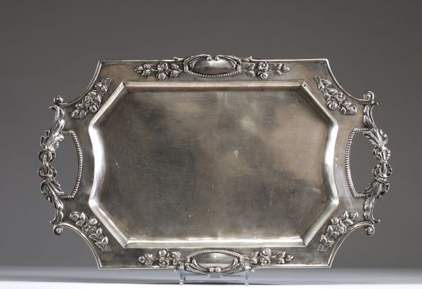 Plateau en argent massif de style Louis XVI pour un poids total de 1090gr.