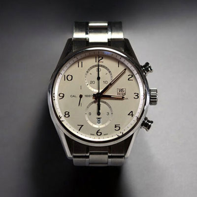 TAG Heuer - Men's Carrera Chronograph calibre 1887 automatic, 43mm case and steel bracelet, August 2013.