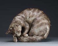 Jean TIÉLÈS, Paris - Cat having a siesta in glazed ceramic, 19th century.