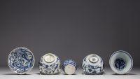 Chine - Ensemble de porcelaines blanc bleu à divers décors, marques au bleu sous les pièces.