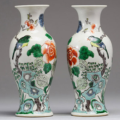 Chine - Paire de vases en porcelaine polychrome famille verte à décor d'oiseaux et de papillons, XIXème.
