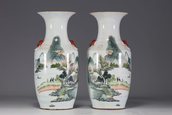 China - Pair of famille rose porcelain vases decorated with landscape and poem.