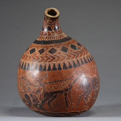 Afrique RDC - Calebasse ornée de motifs d’animaux, floraux et de signes Kongo, Congo RDC.