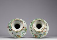 Rare large pair of Famille rose porcelain vases decorated with birds and flowers, 19th century.