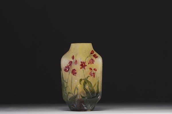 DAUM Nancy - Rhombus vase in acid-etched multilayer glass with enameled floral decoration, signed.
