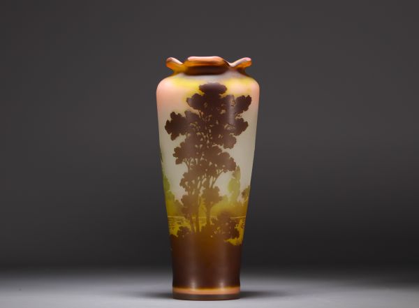 Émile GALLÉ (1846-1904) - Vase en verre multicouche à décor d'arbres et étang, signé dans le décor.