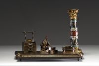 Japan - Cloisonné bronze desk set including inkwell, penholder and candlestick, Meiji period, 19th century.