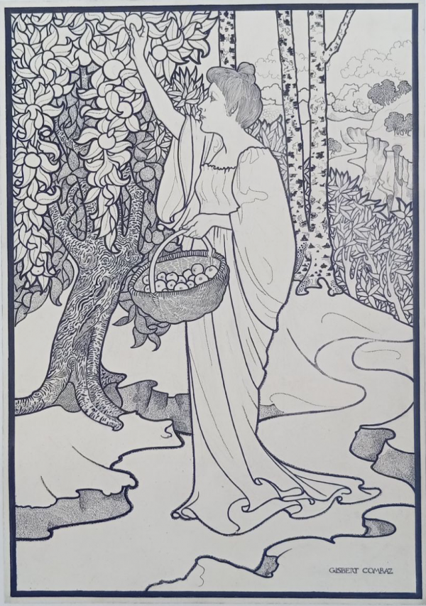 Gisbert Combaz (1869–1941), Projet d’affiche pour le Salon annuel de La Libre Esthétique, 1901, au Musée Moderne, dessin original à l’encre de Chine et crayon sur papier marouflé sur toile.  Cette œuvre exceptionnelle est un projet préparatoire de Gisbert Combaz pour l’affiche du Salon de La Libre Esthétique de 1901. Elle incarne avec éclat l’esthétique art nouveau à tendance japonisante qui carac