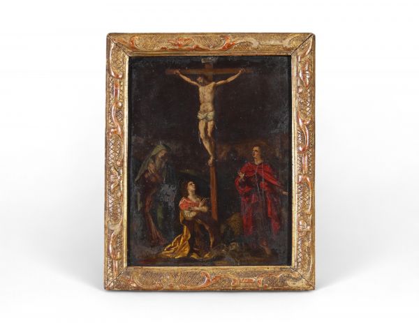 Le Christ en croix entouré de la Vierge, saint Jean et Marie-Madeleine Huile sur cuivre,  probablement flamande ou espagnole – XVIIe siècle - cadre doré à décor rocaille.