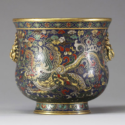 Brûle-parfum en émail cloisonné, décor de dragons et phénix, marque 